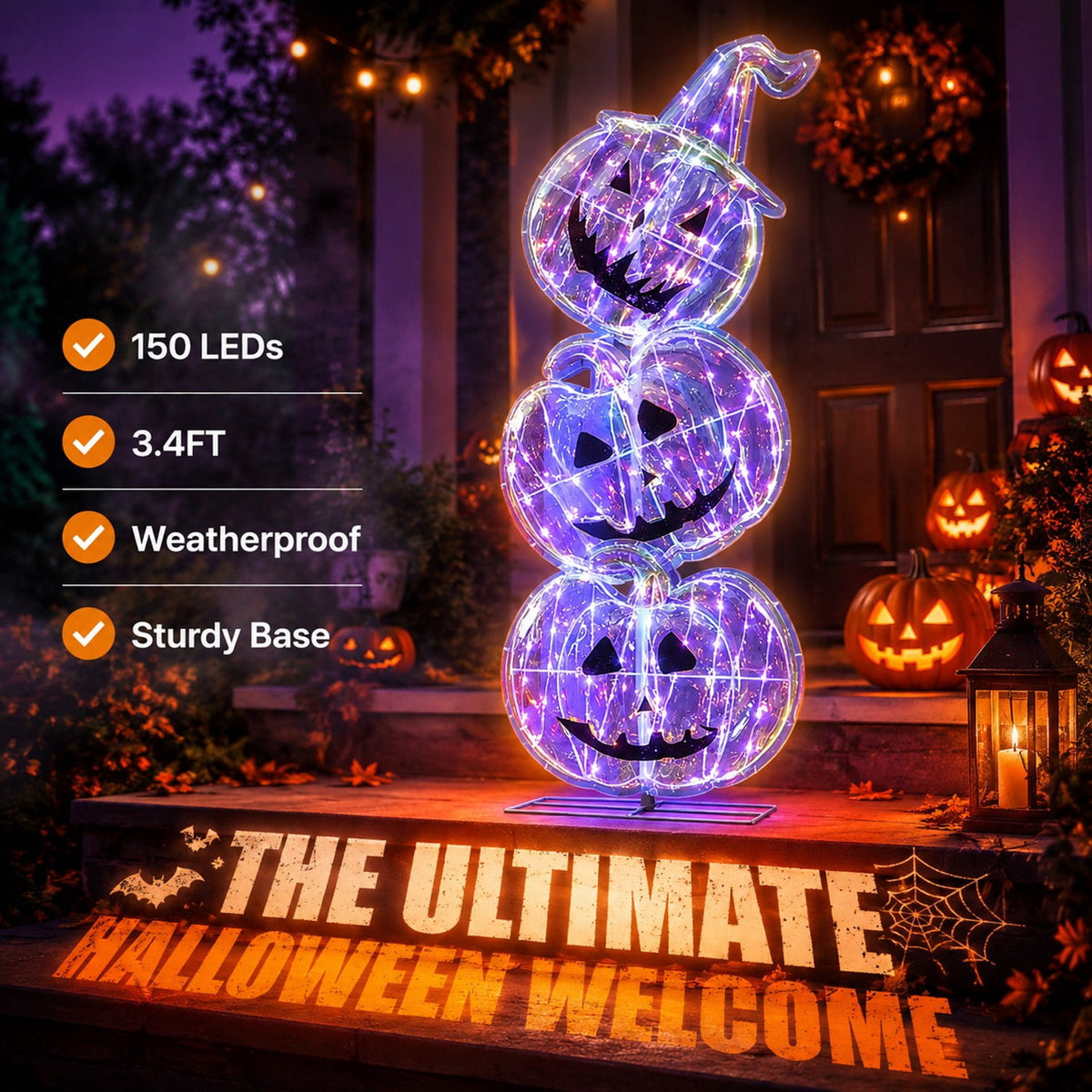 Lighted Halloween Pumpkin Stack with 150 LEDs, 3.4 ft