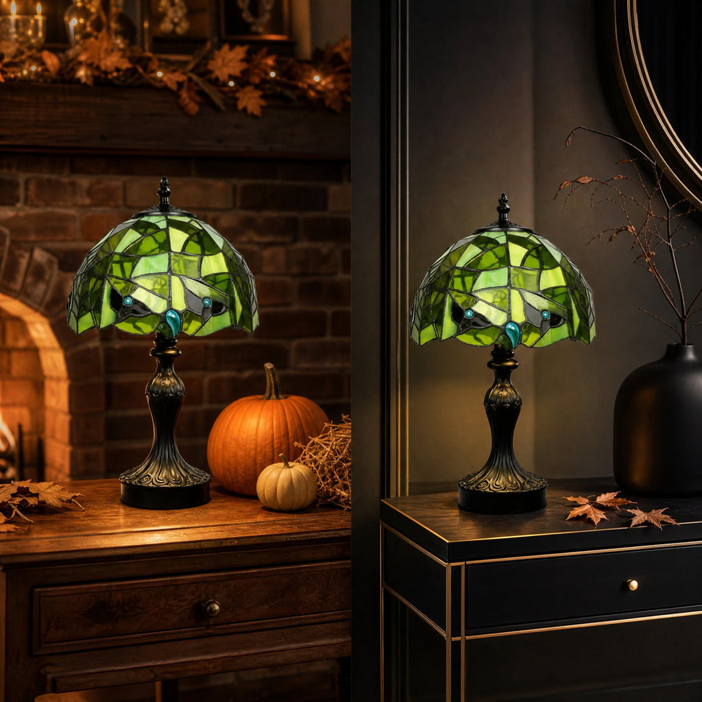 Vintage Style Glass Spiderweb Halloween Lamp, 8" Handmade Spiderweb Pattern Gothic Resin Desk Light, Halloween Decorations Indoor for Bedroom, Living Room, Office (Green)