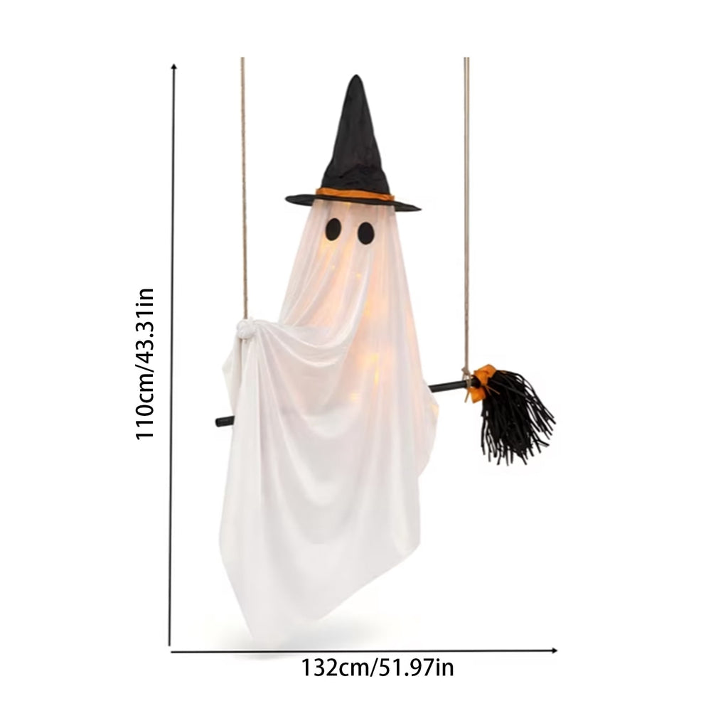 DIY Hanging Swing Ghost Halloween Decor, Flying Ghost on Broomstick with Witch Hat, Spooky Cute Outdoor Halloween Decorations for Front Porch Yard Tree, 3.61x4.33FT