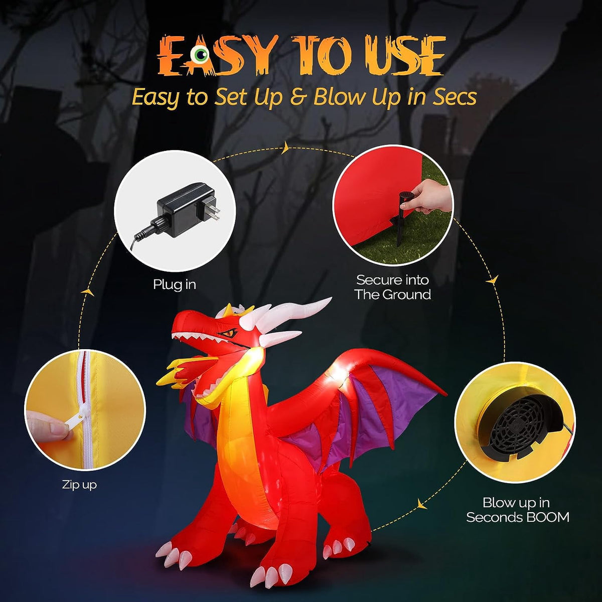 JOYMOR 6FT Tall Halloween Inflatables Outdoor Decorations, Blow Up Scary Fire-Breathing Dragon Halloween Yard Decorations, Built-in LED Lights Décor for Indoor Home Party Garden Lawn Store