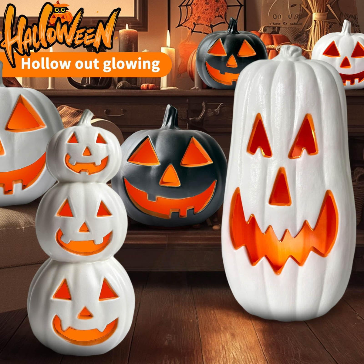3 Tiers Black Jack O Lanterns Light up Pumpkins Halloween Pumpkin Decoration Bundle Pre-lit Pumpkin Lights for Halloween Indoor Outdoor Yard Decor