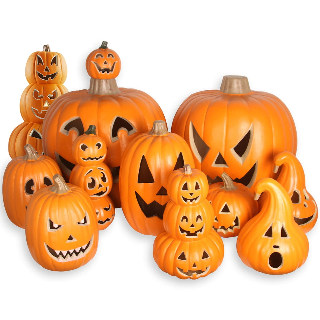 Gamexcel 10" + 14" Pre-Lit Jack O'Lanterns - Indoor/Outdoor Halloween Decorations for Party & Home, Lighted Pumpkin, 2 Pack, Orange