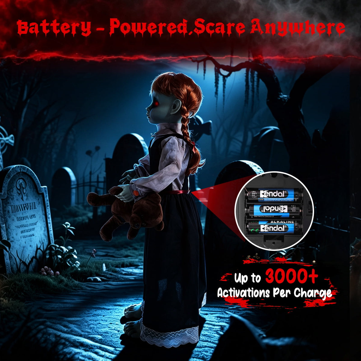 Halloween Decor Animatronic Prop Areker 35in Haunted Little Girl, Touch & Sound Activated Scary Ghost Doll with Red LED Glowing Eye, Outdoor Indoor Horror Decor with Stable Sand Weight Base