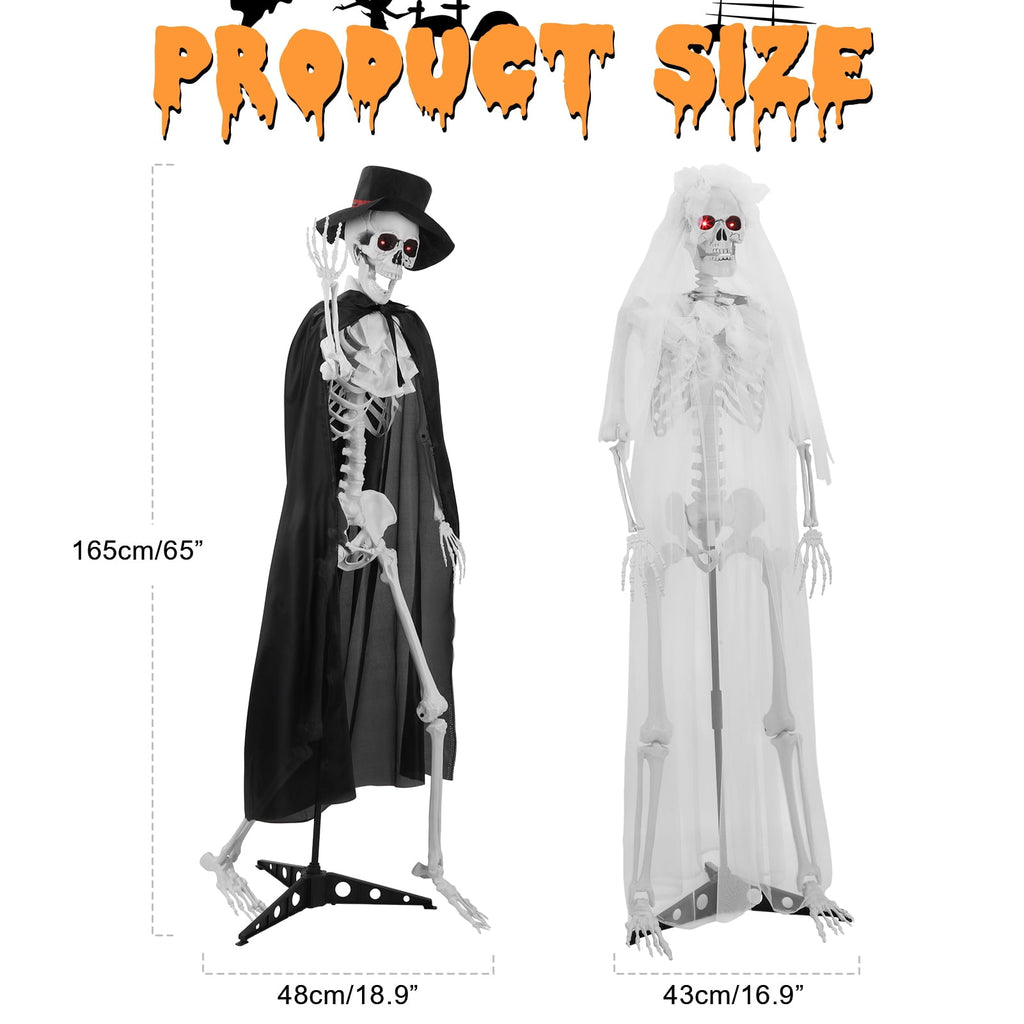 SUSUchens Life-Size 65" Halloween Skeleton Couple Full Body Bones Posable Skeleton with Movable Joints, Bride,Groom Skeleton Decor with Sound,Glowing Eyes,Haunted House Party Props