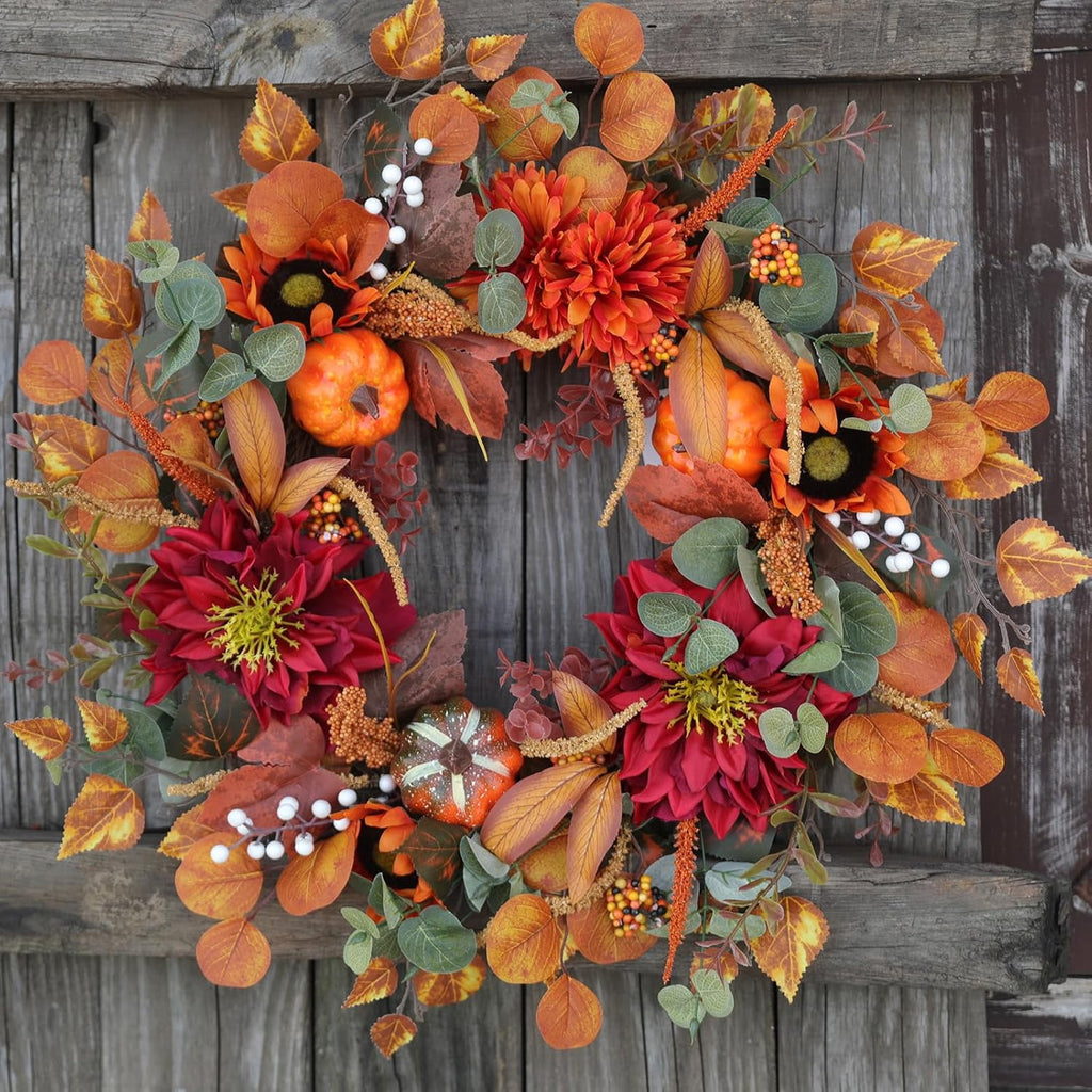 24 Inch Fall Wreaths for Front Door Outside, Fall Door Wreath with Pumpkins,Dahlia,Sunflowers, Maple Leaves,Autumn Wreaths Decorations for Harvest Thanksgiving Halloween Indoor Outdoor Home Decor