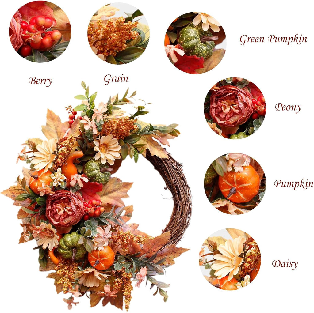 24 Inch Fall Wreaths for Front Door Outside, Fall Door Wreath with Pumpkins,Dahlia,Sunflowers, Maple Leaves,Autumn Wreaths Decorations for Harvest Thanksgiving Halloween Indoor Outdoor Home Decor