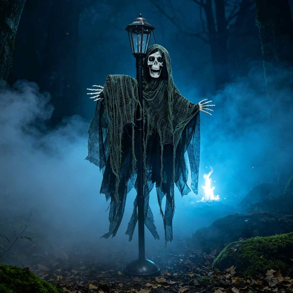 QuanTara Halloween Ghost Street Lamp Decor, Light Up Blue Eyes Skeleton Grim Standing Prop with Tattered Robe for Porch Front Door Outdoor Yard Decoration, 1 Pack
