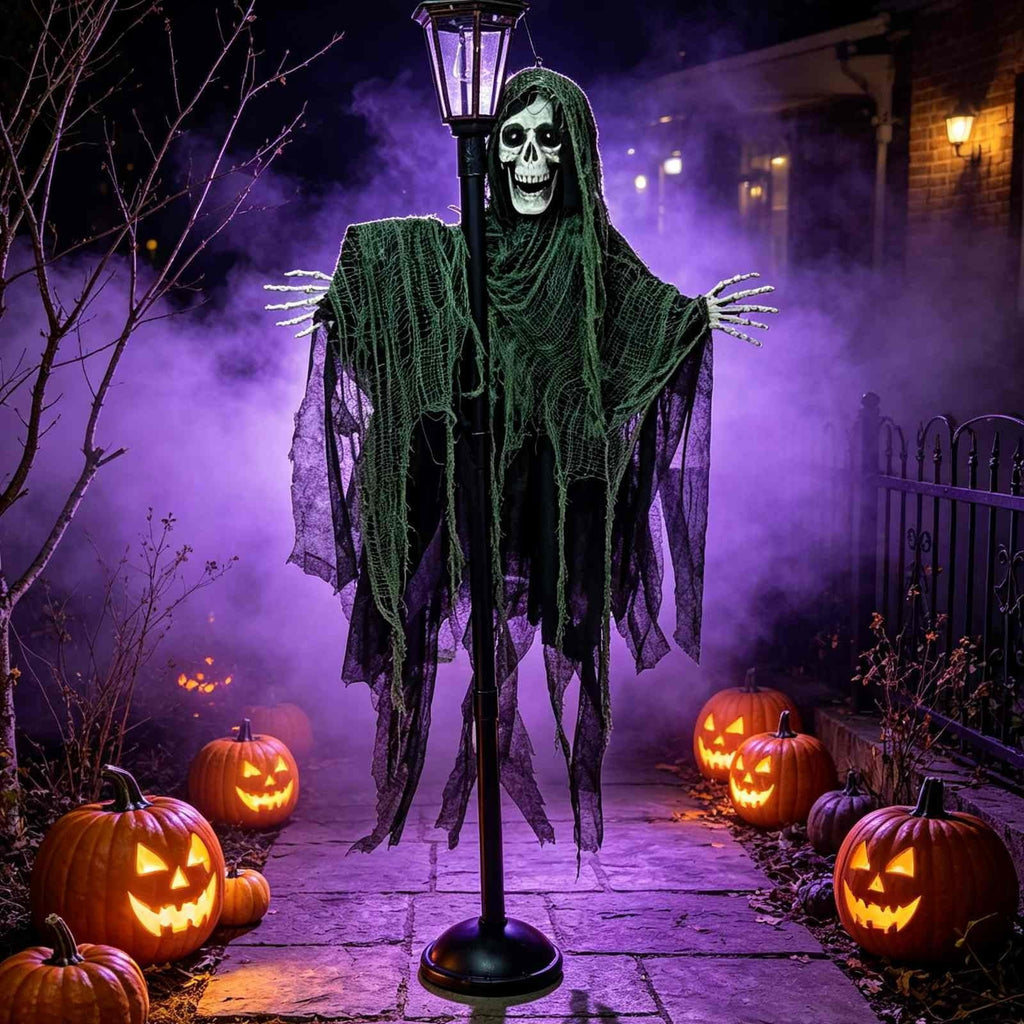 QuanTara Halloween Ghost Street Lamp Decor, Light Up Blue Eyes Skeleton Grim Standing Prop with Tattered Robe for Porch Front Door Outdoor Yard Decoration, 1 Pack