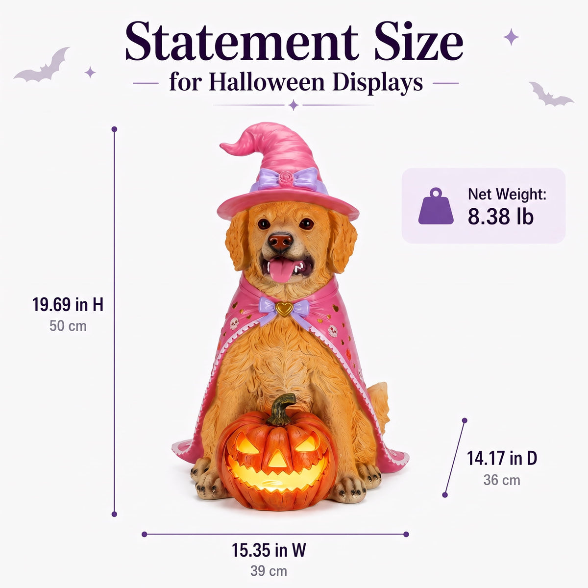 A7Store Halloween Golden Retrieve Dog Indoor Outdoor Porch Statue with Lighted Pumpkin, Pink Witch Hat and Cape