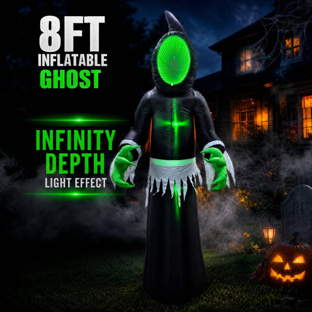 8FT Halloween Inflatable with Green Face,3D Infinity Depth LED Light and Auto Changing Models, Spooky Outdoor Halloween Decoration for Yard and Party
