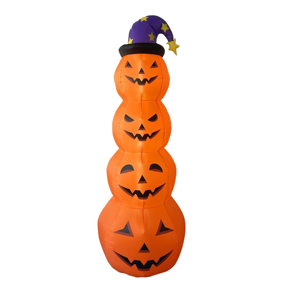 8FT Inflatable Stacked 4 Pumpkins Tower with Wizard Hat, LED Light Up Blow Up Pumpkin Yard Decoration, Waterproof Outdoor Halloween Lawn Ornament for Front Yard Garden Party