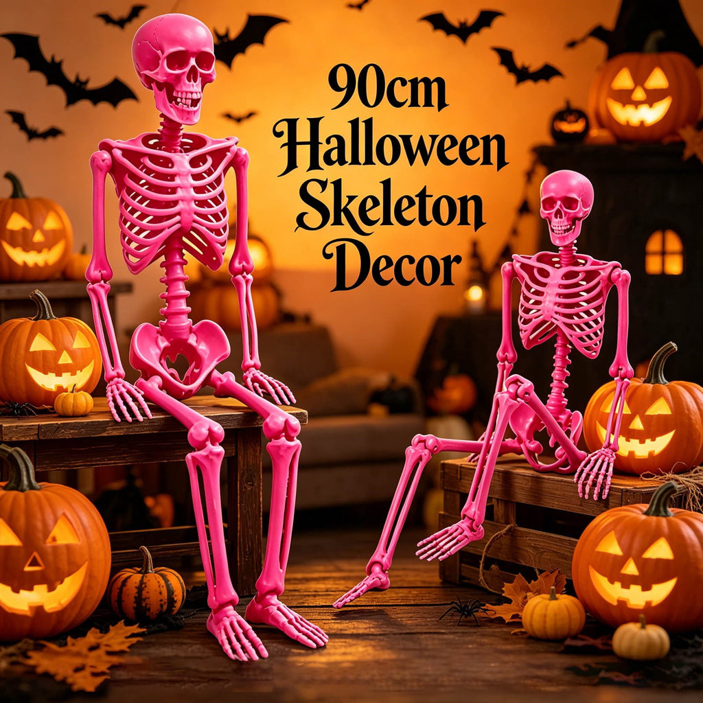 EverydayNest Halloween Posable Skeleton Figurine,35.4in Pink Desktop Ornament with Movable Joints,Spooky Party Decor for Haunted House Table Shelf Yard