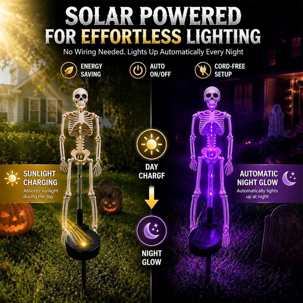 Light up Halloween Decorations - Solar Skeleton Yard Stake Garden Light Bones Figurine, 3D Creepy LED lamp Waterproof Realistic ghosts for Outdoor Grave Lawn Patio House Party Fall Decor Gift