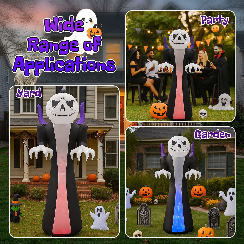 12FT Inflatable Grim Reaper with Jack-O-Lantern Pumpkin Head 3-Color Flame LED Halloween Yard Decor