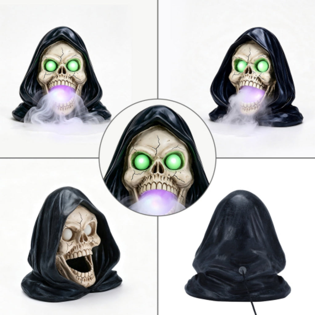 SpookHaven Halloween Jack‑O‑Lantern Pumpkin Mist Sprayer Figurine, LED Light‑Up Fogger with Witch Hat & Skull Decoration, Spooky Ornament for Tabletop Entryway Halloween Party Home Decor