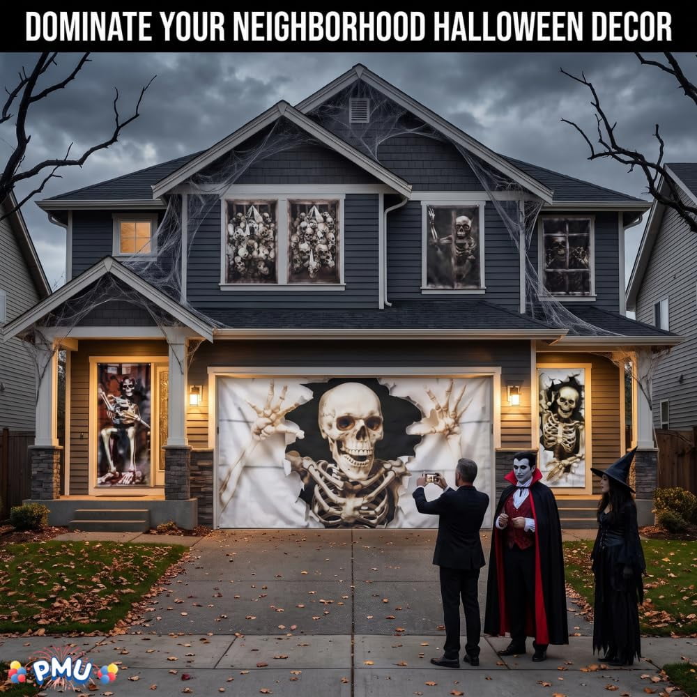 PMU 7-Piece Halloween Garage Door Cover Set, 16 x 7 ft, Skeleton Window & Door Decorations