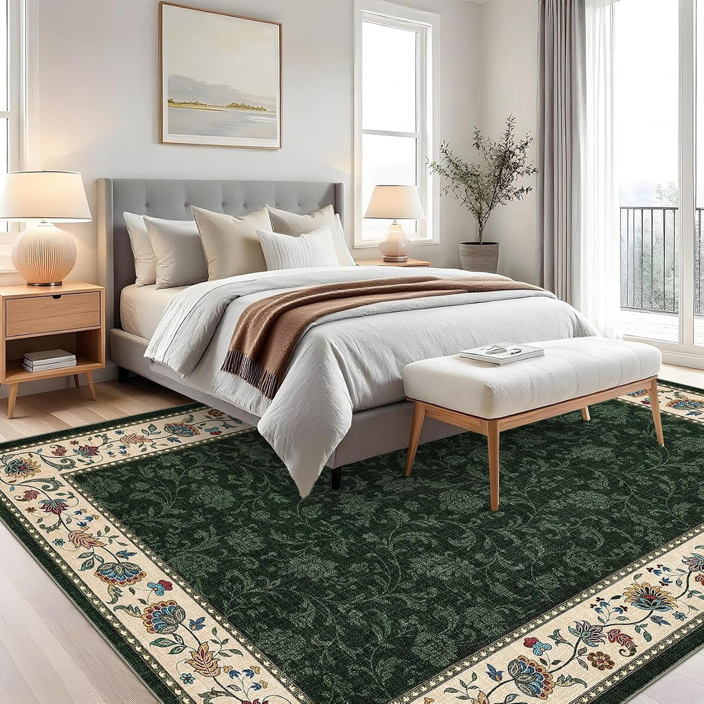 Large Living Room Rug 10x13 Non-Slip Floral Indoor Carpet Washable Floral Bordered Floor Mat Low Pile Non-Shedding Foldable Neutral Bedroom Rugs for Dining Room Nursery Home Office Red