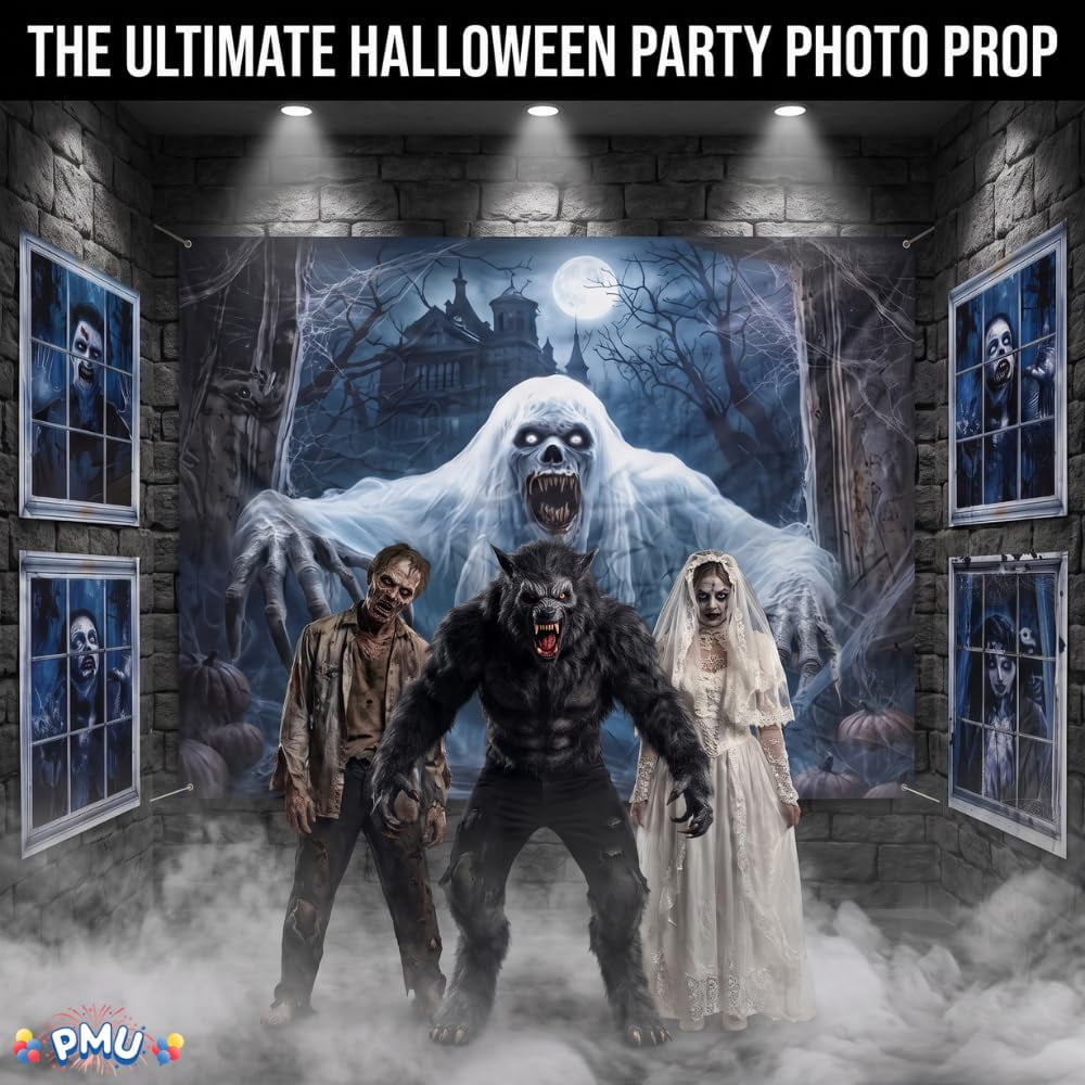 PMU 7-Piece Halloween Garage Door Cover Set, 16 x 7 ft, Skeleton Window & Door Decorations