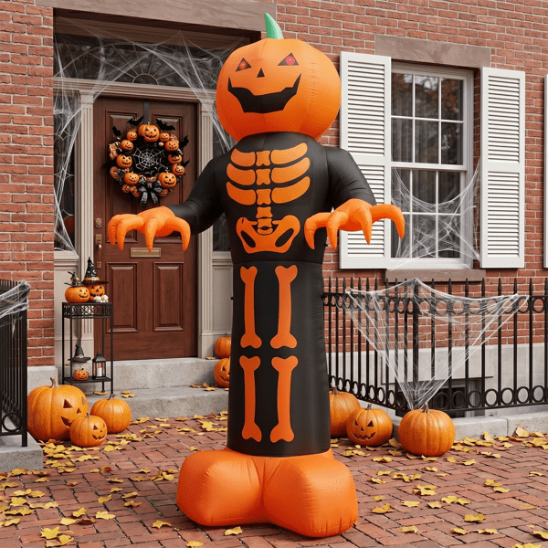 Alvantor 12 ft Pumpkin Head Skeleton Halloween Inflatable with LED and String Lights, Black and Orange