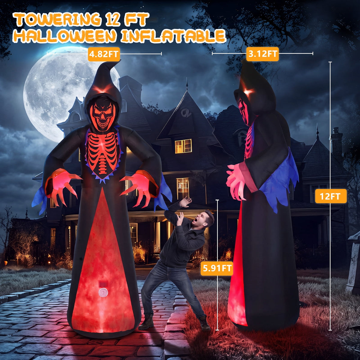Areker 12ft Halloween Inflatable Grim Reaper, 7 Modes 3D Flame Lights Spooky Blow up Yard Decor, Waterproof & Easy Setup Halloween Ghost for Garden Patio Lawn