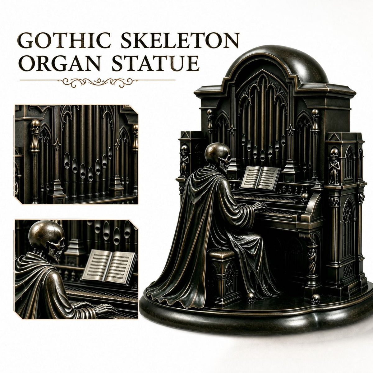 Halloween Gothic Skeleton Pipe Organ Statue with LED Light, Spooky Cathedral Figurine for Home Decor