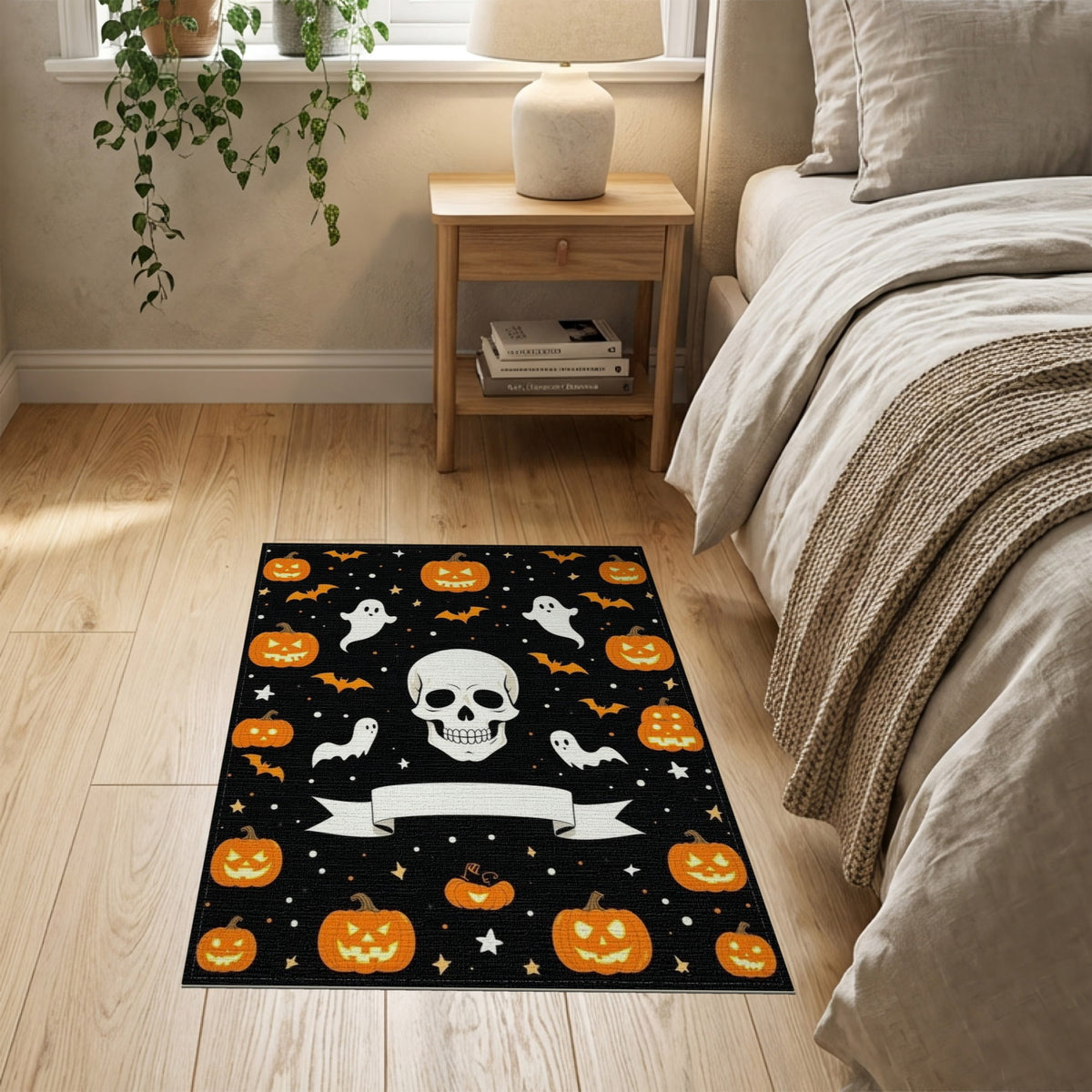 ODIKA Halloween Ghost Pumpkin Bat Skull Welcome Doormat Fiber Door for Dorm Room, Small Living Apartment, Stain Resistant Low Profile
