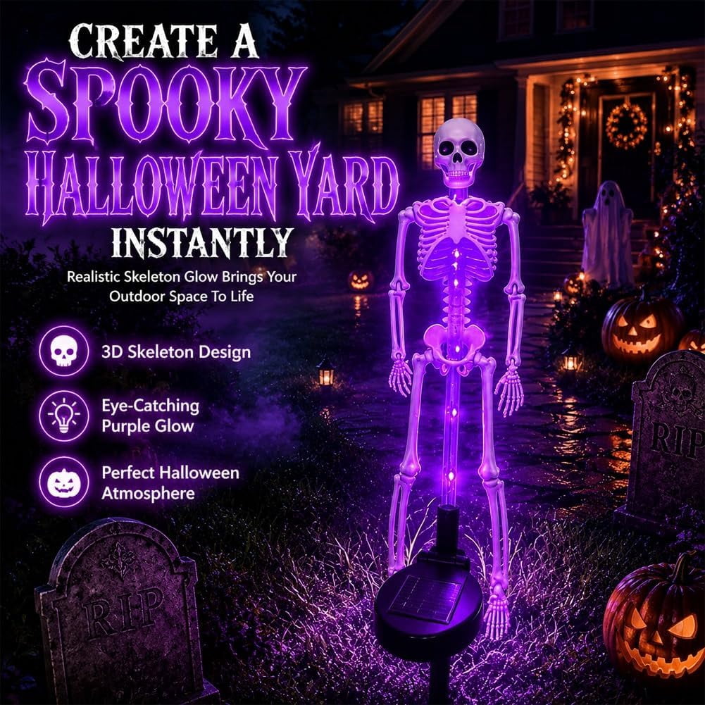 Light up Halloween Decorations - Solar Skeleton Yard Stake Garden Light Bones Figurine, 3D Creepy LED lamp Waterproof Realistic ghosts for Outdoor Grave Lawn Patio House Party Fall Decor Gift