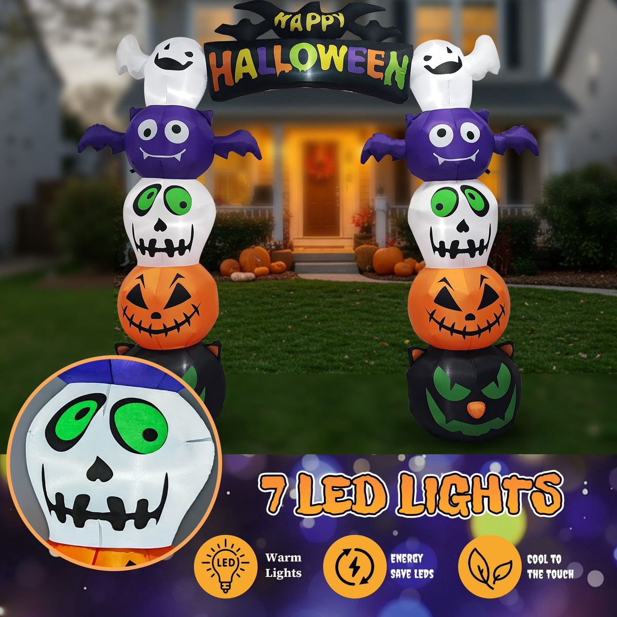 8.2FT Halloween Inflatable Pumpkin Archway with Built-in LED Lights Waterproof Polyester Blow Up Yard Decoration for Garden Party Walkway