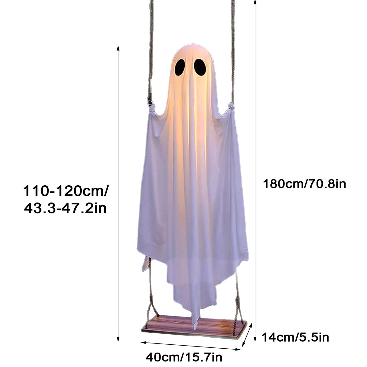 Halloween Decorations Outdoor - 5 FT Large Hanging Swing Ghost Halloween Decor with String Lights, Spooky Cute Ghosts Decorations for Front Porch Yard Tree