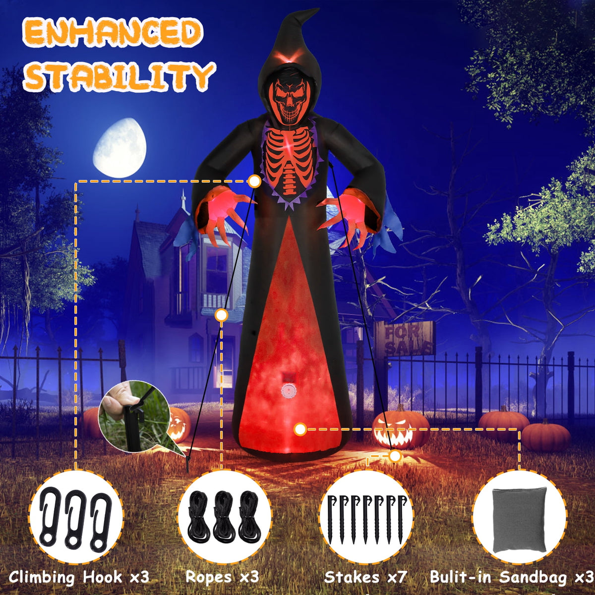 Areker 12ft Halloween Inflatable Grim Reaper, 7 Modes 3D Flame Lights Spooky Blow up Yard Decor, Waterproof & Easy Setup Halloween Ghost for Garden Patio Lawn