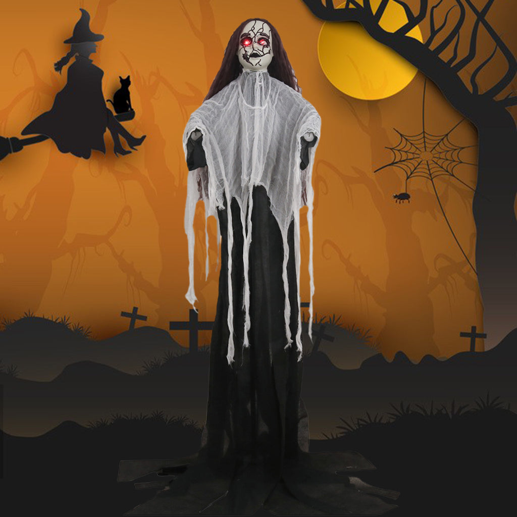 Scary Ghost Bride Halloween Ornament with Sound, Battery Operated Animated Skeleton Decoration for Haunted House Prop
