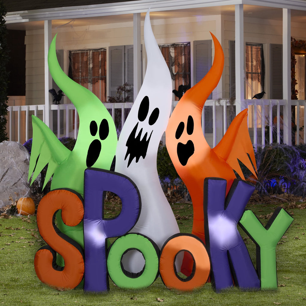 Gemmy Halloween Inflatable Ghosts with "Spooky" Sign, 8 ft Tall, Multi