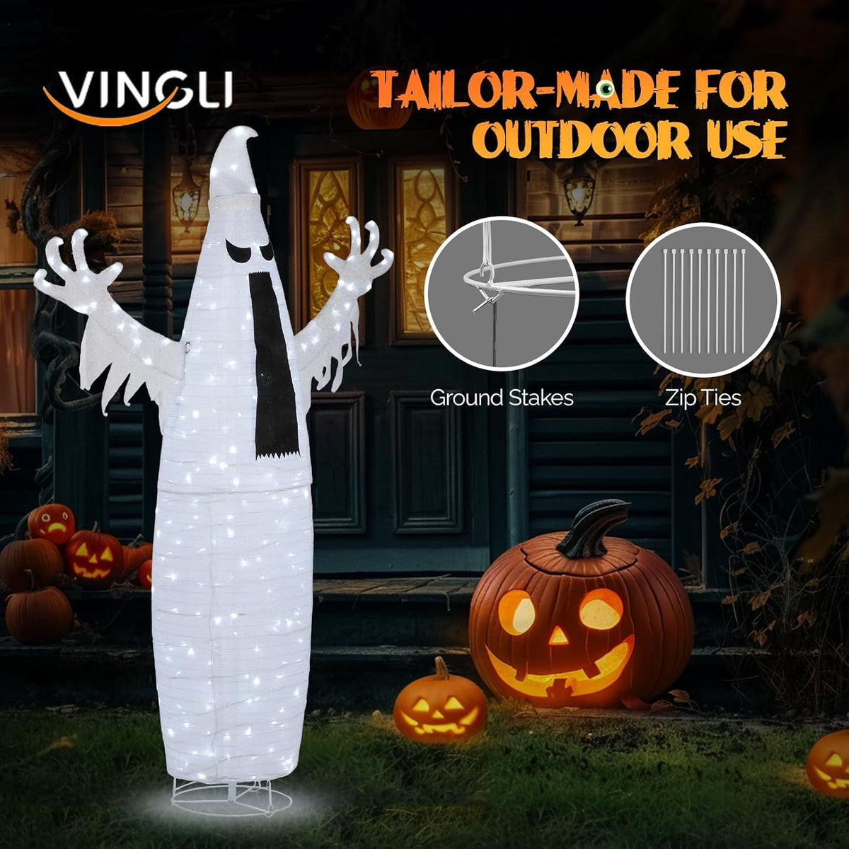 VINGLI 4FT Scary Lighted Halloween Decorations Outdoor, Pop Up Halloween Ghost Decorations, Light Up Ghost Decor with Pre-lit 135 LEDs, Cute Broom, Black Hat for Porch Yard Lawn Patio