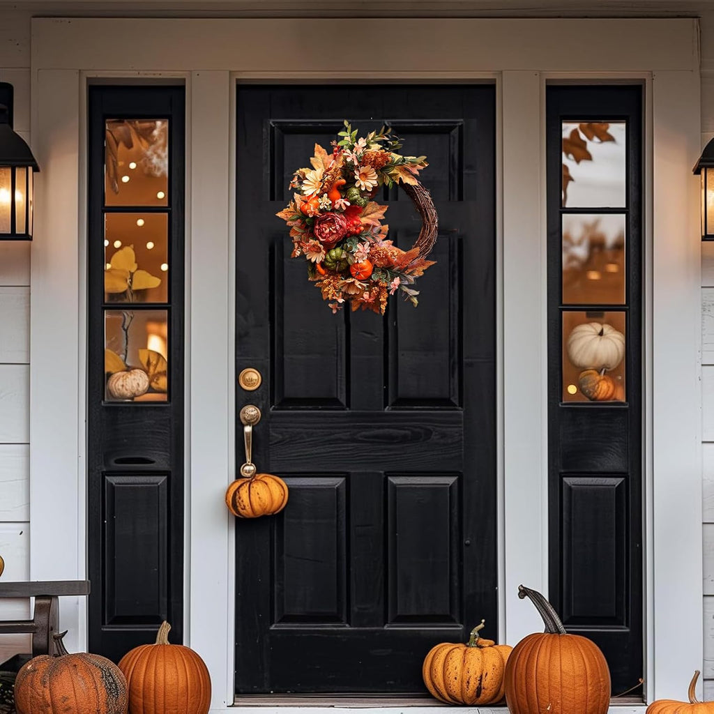 24 Inch Fall Wreaths for Front Door Outside, Fall Door Wreath with Pumpkins,Dahlia,Sunflowers, Maple Leaves,Autumn Wreaths Decorations for Harvest Thanksgiving Halloween Indoor Outdoor Home Decor