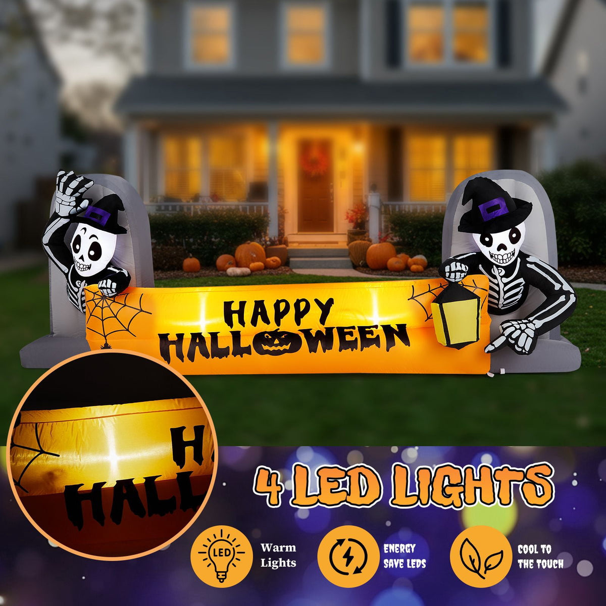 9.6FT Inflatable Skeleton Holding Happy Halloween Banner with LED Lights for Yard Garden Party