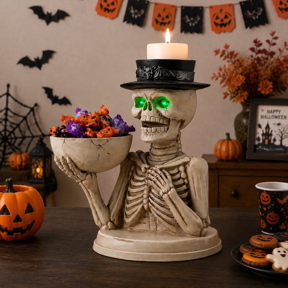 Halloween Skeleton Butler Floor Statue with Serving Tray & Black Cat, Resin Gothic Home Decor for Entryway Porch Living Room