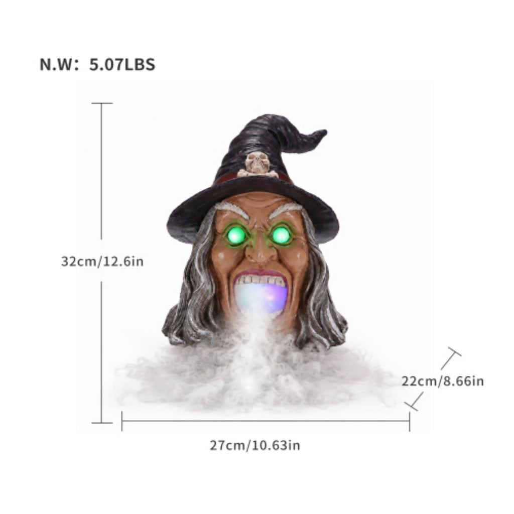 SpookHaven Halloween Jack‑O‑Lantern Pumpkin Mist Sprayer Figurine, LED Light‑Up Fogger with Witch Hat & Skull Decoration, Spooky Ornament for Tabletop Entryway Halloween Party Home Decor