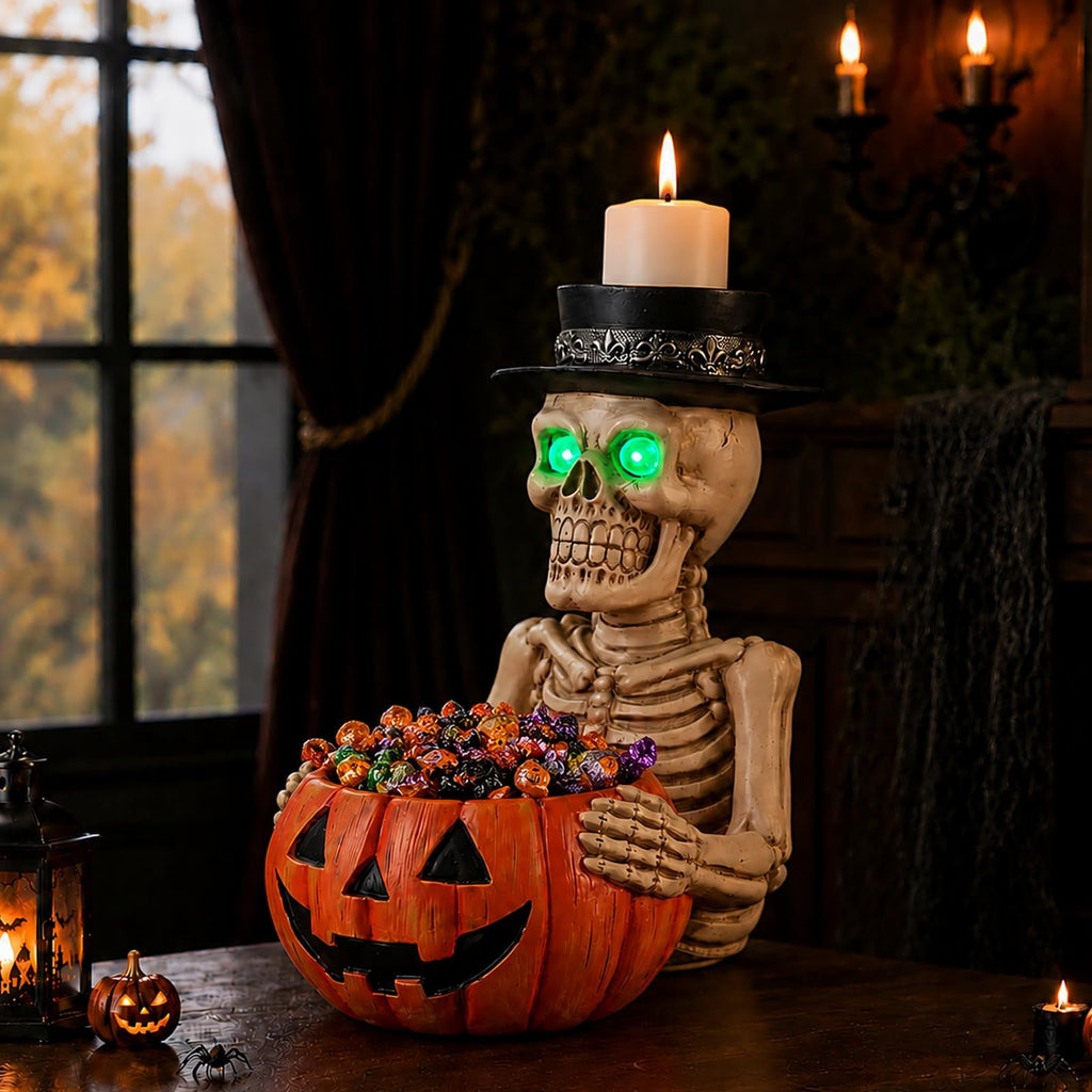 Halloween Ghost Statue with LED Glowing Eyes, Resin Ghost Figurine Tabletop Decor for Indoor Home, Mantel, Shelf, Entryway and Halloween Party Display