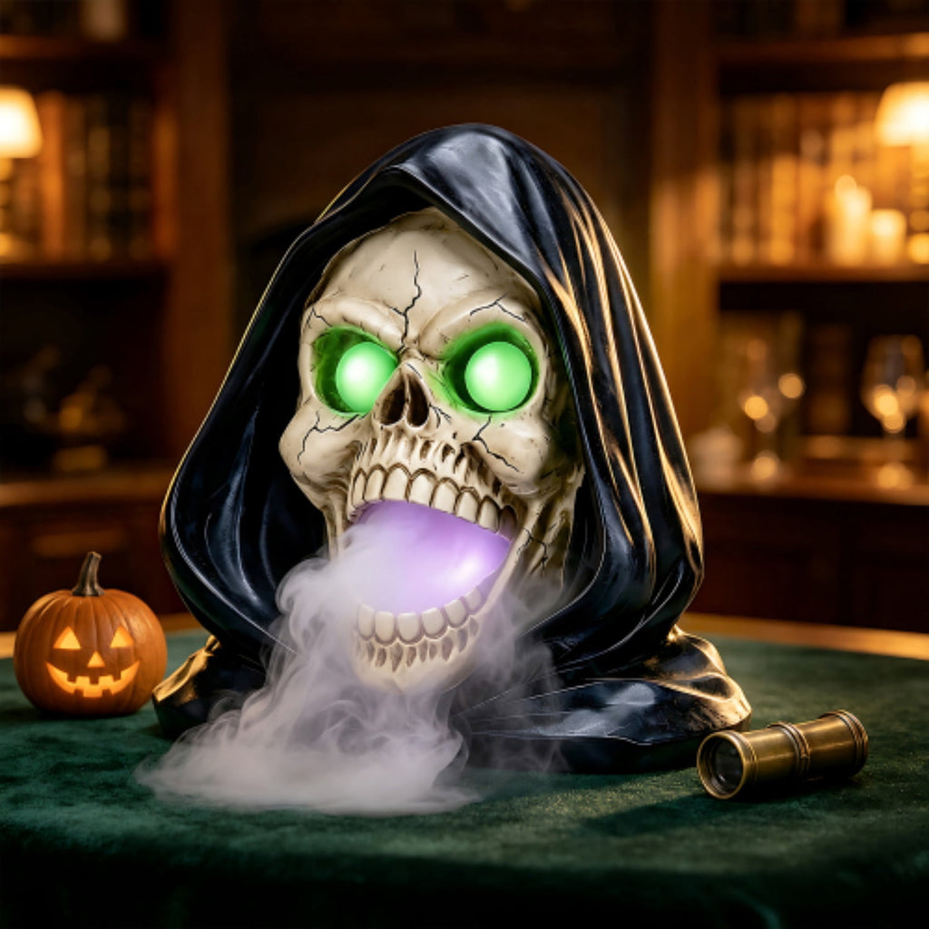 SpookHaven Halloween Jack‑O‑Lantern Pumpkin Mist Sprayer Figurine, LED Light‑Up Fogger with Witch Hat & Skull Decoration, Spooky Ornament for Tabletop Entryway Halloween Party Home Decor