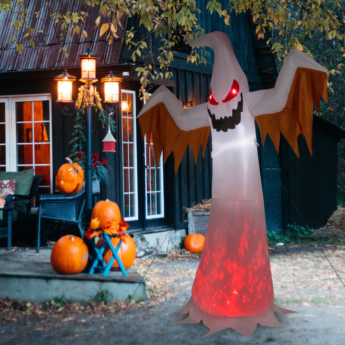 12ft Halloween Inflatable Scary Ghost with Flames and Flashing Red Eyes