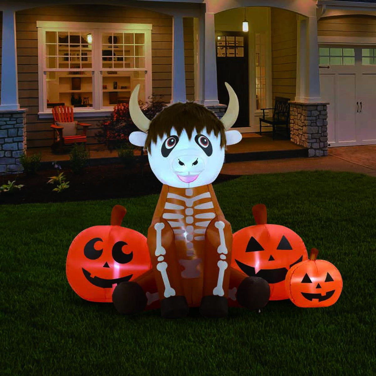 Skeleton Highland Cow with Pumpkins Airblown Yard Inflatable, Multicolor, 5', Halloween by Way To Celebrate