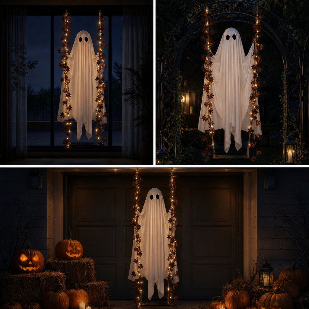 Outdoor Halloween Decorations Gaslight Ghoul, 79" Tall Hanging Skeleton Holding Street Light with Creepy Blue Eyes, Tattered Robe Ghost Decor for Yard Patio Walkway, Front Porch, Road