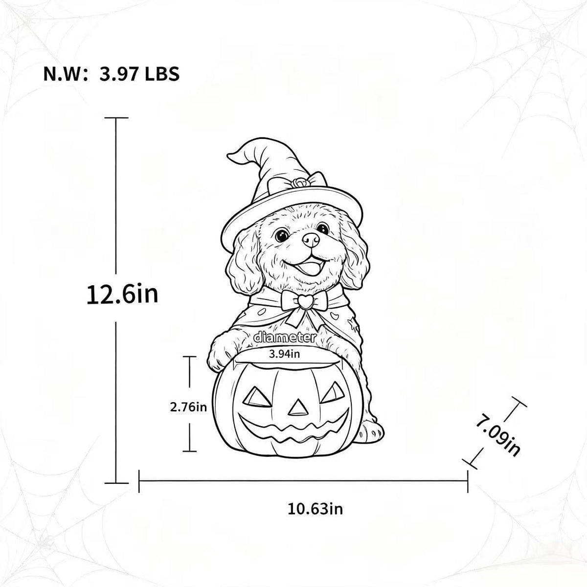 Halloween Witch Puppy Resin Figurine, White Teddy Dog with Pumpkin Candy Bowl for Home Tabletop Decor