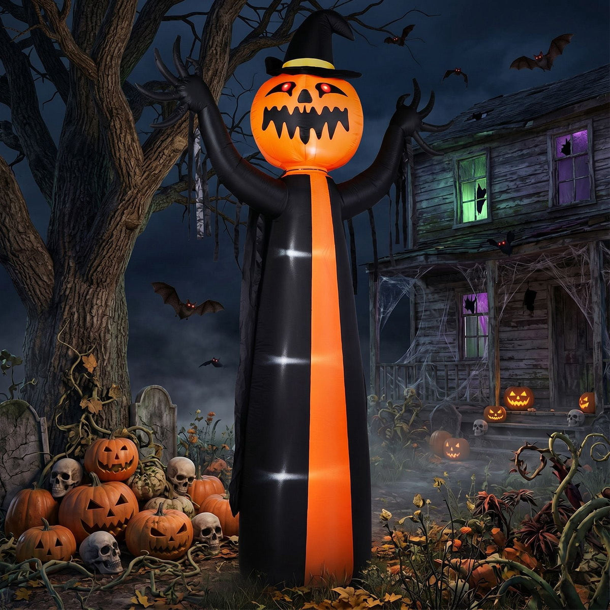 10FT Inflatable Pumpkin Ghost with Rotatable Head 6 LED Lights Black Orange Halloween Yard Decor