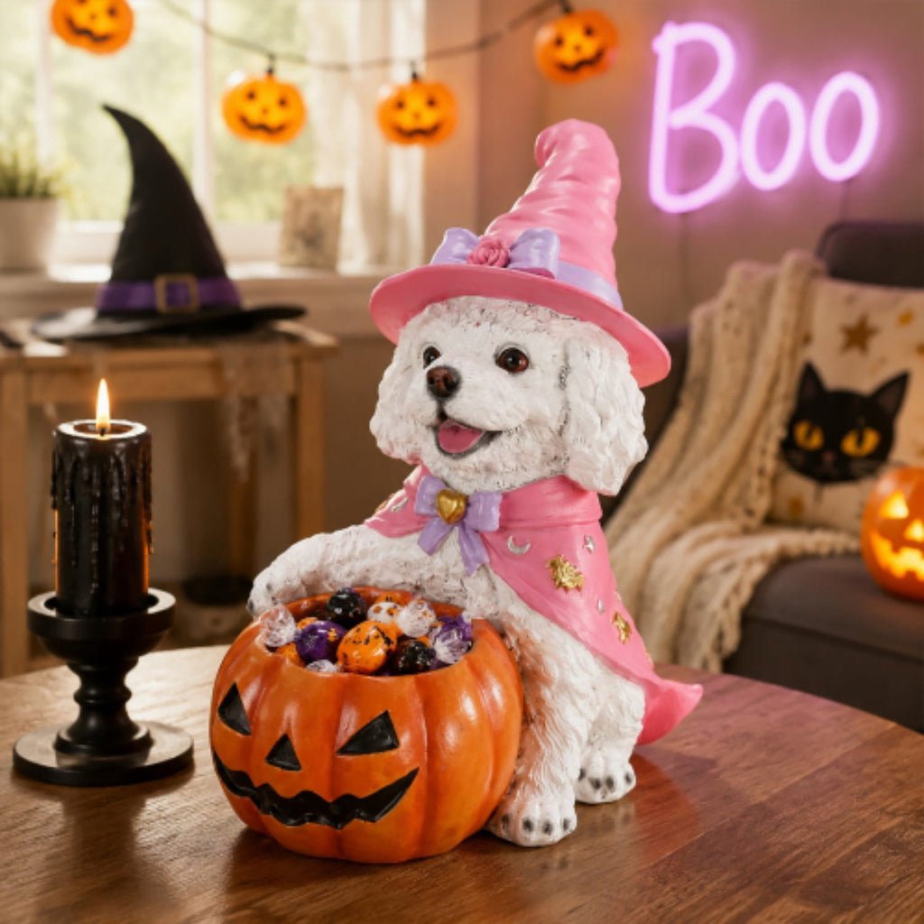 SpookHaven Halloween Jack‑O‑Lantern Pumpkin Mist Sprayer Figurine, LED Light‑Up Fogger with Witch Hat & Skull Decoration, Spooky Ornament for Tabletop Entryway Halloween Party Home Decor