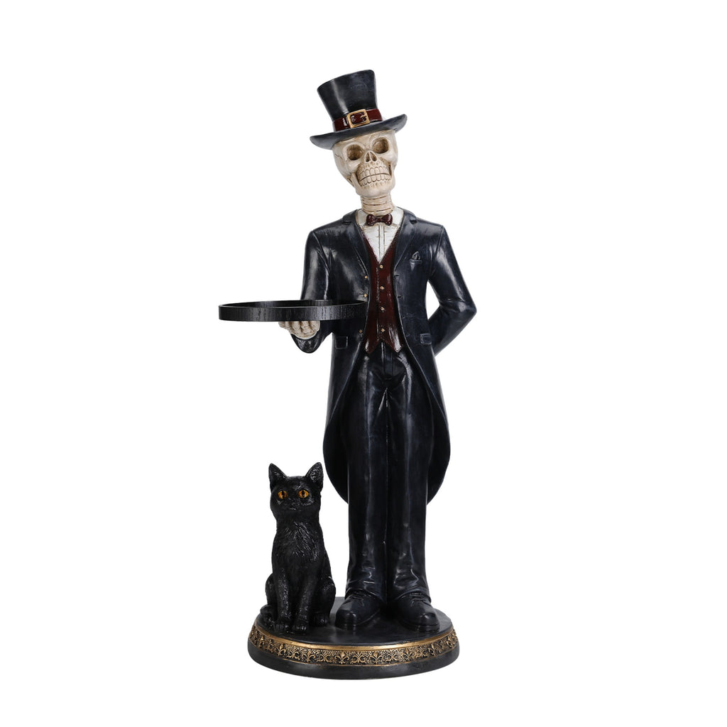 Aukfa Halloween Skeleton Butler Floor Statue with Serving Tray and Black Cat, Gothic Skeleton Decor for Entryway, Party and Home Decoration