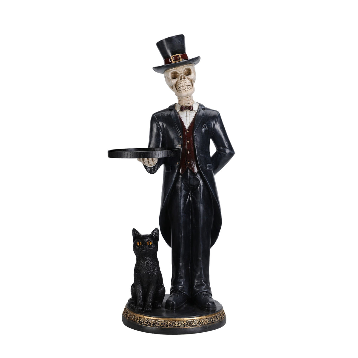 Aukfa Halloween Skeleton Butler Floor Statue with Serving Tray and Black Cat, Gothic Skeleton Decor for Entryway, Party and Home Decoration