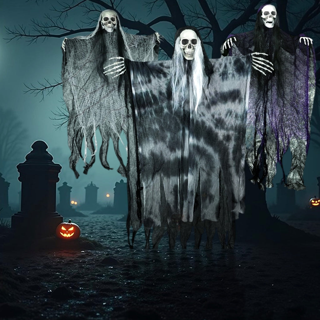 difdany 3 Pack Hanging Halloween Decorations, 42.5 in Large & 31.4 in Small Flying Skeleton Grim Reapers, Floating Ghost props for Outdoor Halloween Decorations & Halloween Party
