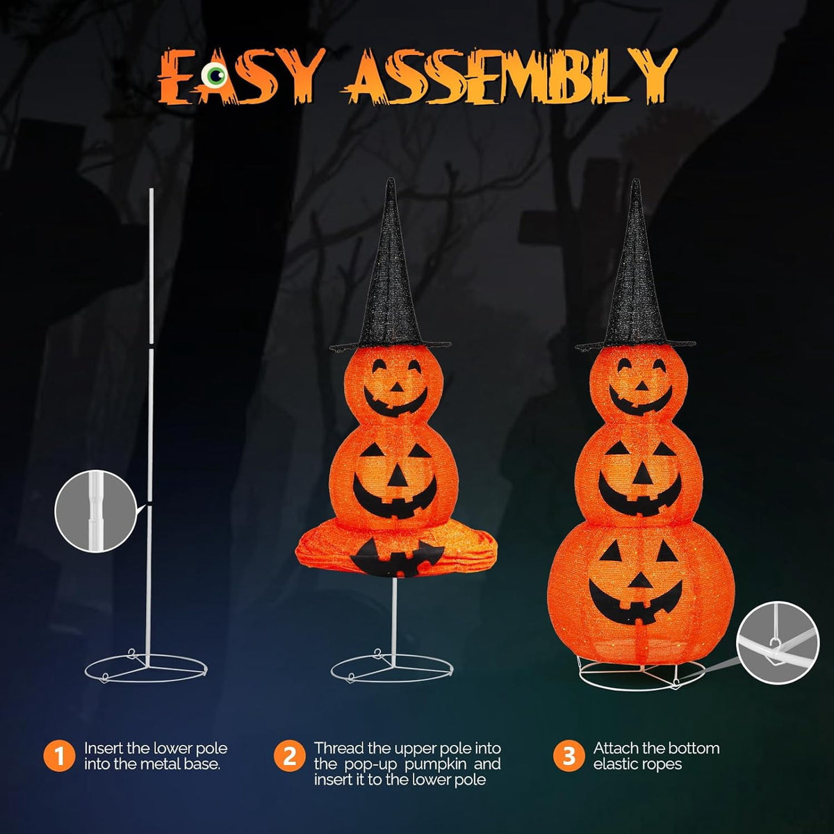 VINGLI 4FT Scary Lighted Halloween Decorations Outdoor, Pop Up Halloween Ghost Decorations, Light Up Ghost Decor with Pre-lit 135 LEDs, Cute Broom, Black Hat for Porch Yard Lawn Patio