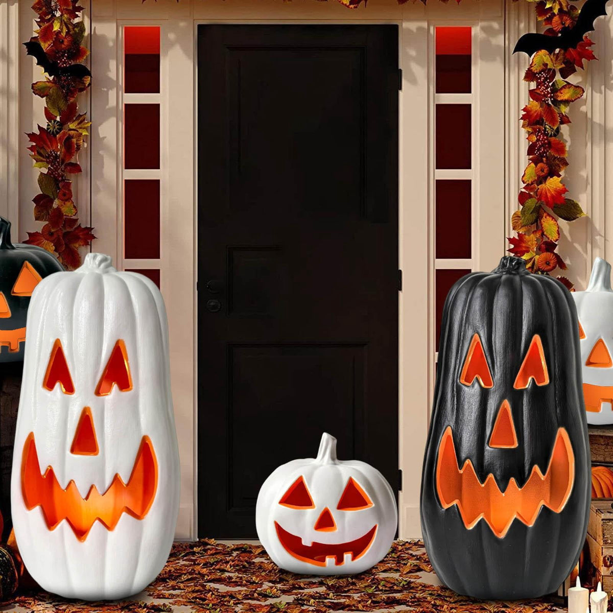 3 Tiers Black Jack O Lanterns Light up Pumpkins Halloween Pumpkin Decoration Bundle Pre-lit Pumpkin Lights for Halloween Indoor Outdoor Yard Decor